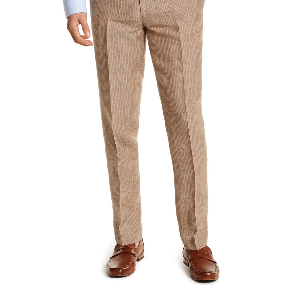 Bar III Men’s Slim Fit Tan Pinstripe Linen Suit Pants Created for Macy’s